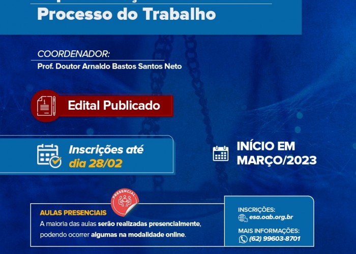 Parceria ESA e UFG: inscrições para especialização em Direito e Processo do Trabalho continuam abertas